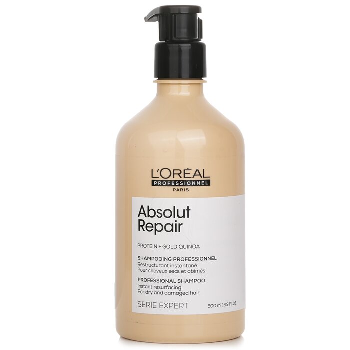 Dry hair shampoo - L'Oreal Professionnel Serie Expert - Absolut Repair Gold Quinoa + Protein Instant Resurfacing Shampoo 500ml/16.9oz for moisturizing and nourishment.