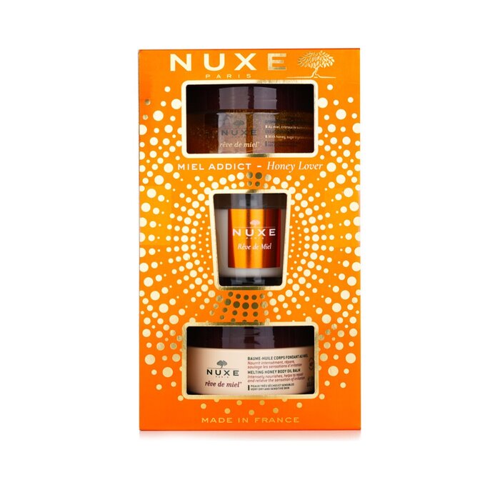 Soothe and nourish dry skin with Nuxe honey-rich 3pc skincare set. Hydrate daily.
