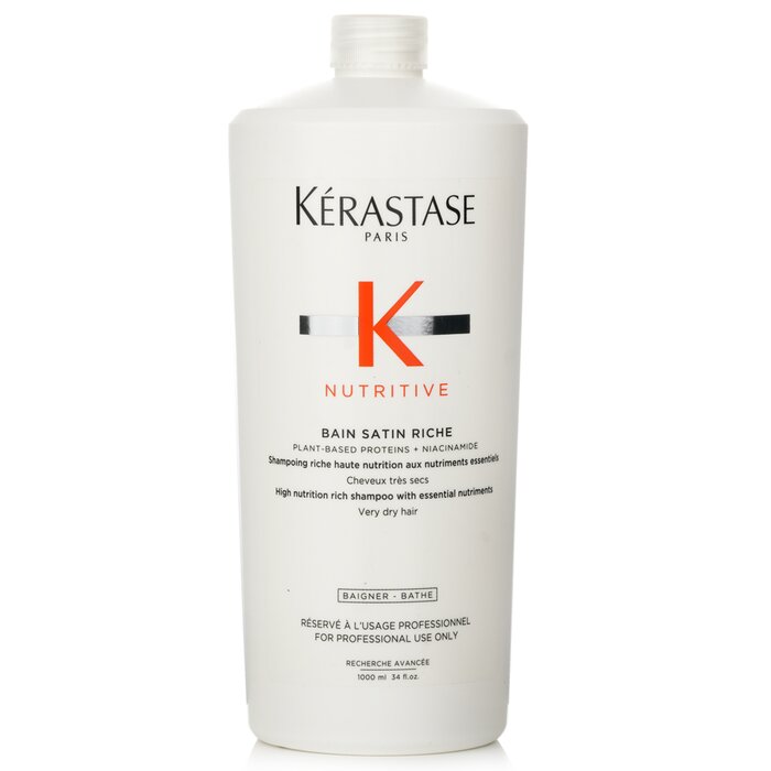 Dry hair shampoo - Kerastase Nutritive Bain Satin Riche High Nutrition Rich Shampoo With Essential Nutriments (Very Dry Hair) 1000ml/34oz for moisturizing and nourishment.