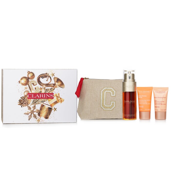 Clarins 3pc anti-aging set with Double Serum & firming cream. Smooth skin texture & tone.